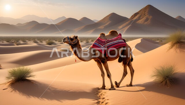   الجمل في المناظر الطبيعية الصحراوية عند غروب الشمس، توارث حب الجمال من الأجداد، التلال والكثبان الرملية في المناطق الصحراوية، محمية طبيعية لتربية الإبل في المملكة العربية السعودية