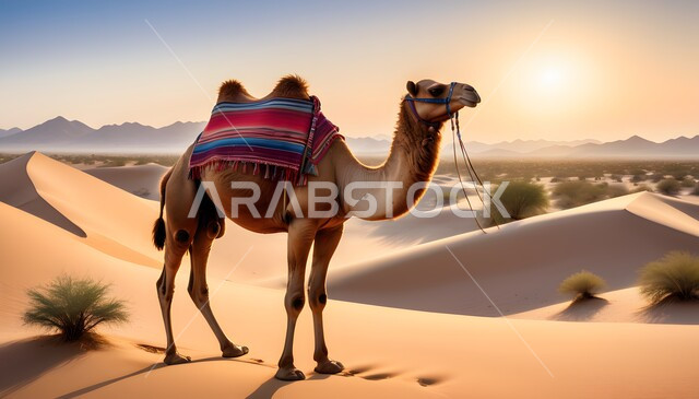  التلال والكثبان الرملية في المناطق الصحراوية، الجمل في المناظر الطبيعية الصحراوية عند غروب الشمس، توارث حب الجمال من الأجداد، محمية طبيعية لتربية الإبل في المملكة العربية السعودية