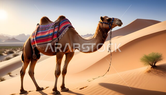   محمية طبيعية لتربية الإبل في المملكة العربية السعودية، التلال والكثبان الرملية في المناطق الصحراوية، الجمل في المناظر الطبيعية الصحراوية عند غروب الشمس، توارث حب الجمال من الأجداد