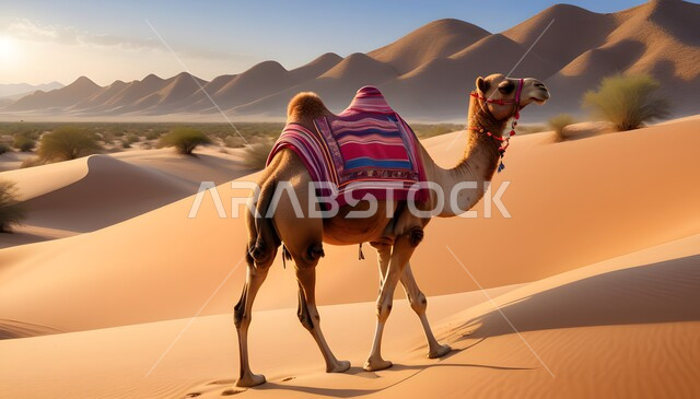   الجمل في المناظر الطبيعية الصحراوية عند غروب الشمس، محمية طبيعية لتربية الإبل في المملكة العربية السعودية، التلال والكثبان الرملية في المناطق الصحراوية، توارث حب الجمال من الأجداد