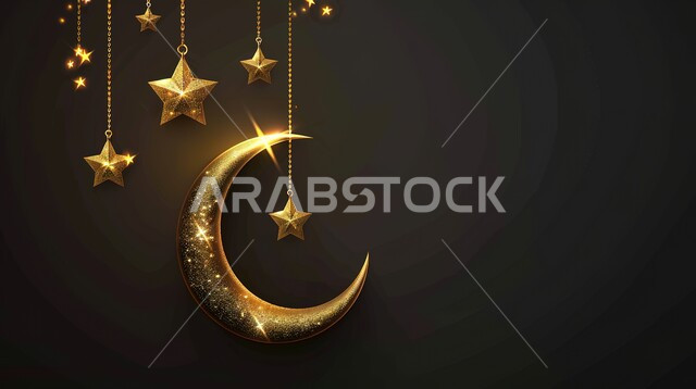 مجسم ثلاثي الابعاد لهلال باللون الذهبي مع نجوم معلقة، ديكورات وتصاميم اسلامية، الاحتفال بالمناسبات والأعياد الدينية، البهجة بقدوم شهر الخير، ديكورات وزينة رمضان المبارك، خلفية سوداء