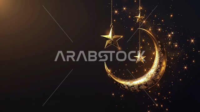 A three-dimensional model of a crescent in golden color with hanging stars, Islamic decorations and designs, celebration of religious occasions and holidays, joy at the arrival of the month of goodness, decorations and decorations for the blessed Ramadan, black background
