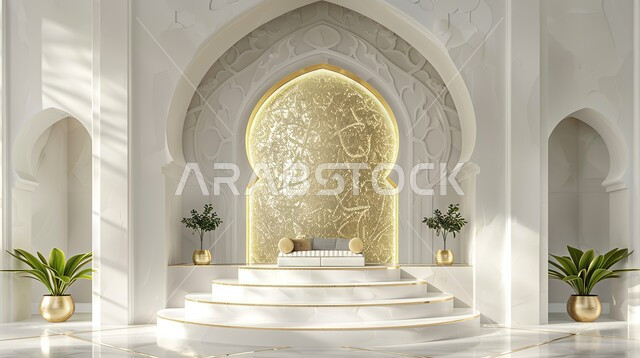 الاستعداد لاستقبال الأعياد والمناسبات الدينية ,تحف واكسسوارات شهر رمضان المبارك، مجسمات ثلاثية الابعاد لمنصة إسلامية باللون الأبيض، زينة وأنوار للاعياد والمناسبات، قدوم شهر الخير، خلفية زخارف وتصاميم متميزة