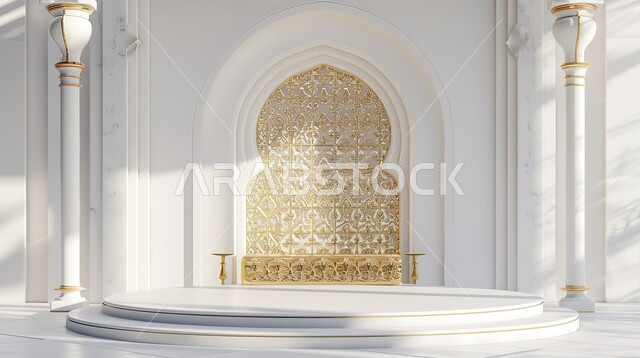 الاستعداد لاستقبال الأعياد والمناسبات الدينية ,تحف واكسسوارات شهر رمضان المبارك، مجسمات ثلاثية الابعاد لمنصة إسلامية باللون الأبيض، زينة وأنوار للاعياد والمناسبات، قدوم شهر الخير، خلفية زخارف وتصاميم متميزة