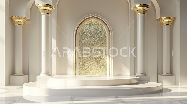 Preparing to receive holidays and religious events, antiques and accessories for the holy month of Ramadan, three-dimensional models of an Islamic platform in white, decorations and lights for holidays and events, the arrival of the month of goodness, background decorations and distinct designs
