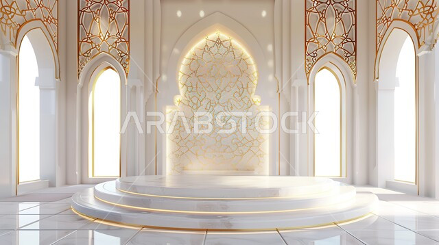 الاستعداد لاستقبال الأعياد والمناسبات الدينية ,تحف واكسسوارات شهر رمضان المبارك، مجسمات ثلاثية الابعاد لمنصة إسلامية باللون الأبيض، زينة وأنوار للاعياد والمناسبات، قدوم شهر الخير، خلفية زخارف وتصاميم متميزة