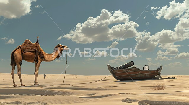 الكثبان والرمال الذهبية الناعمة، صورة مقربة لجمل في الصحراء يقوم بسحب سفينة داخلها مدفع، الاهتمام بتربية الابل، منظر الغيوم البيضاء في السماء، المناطق الصحراوية في المملكة العربية السعودية