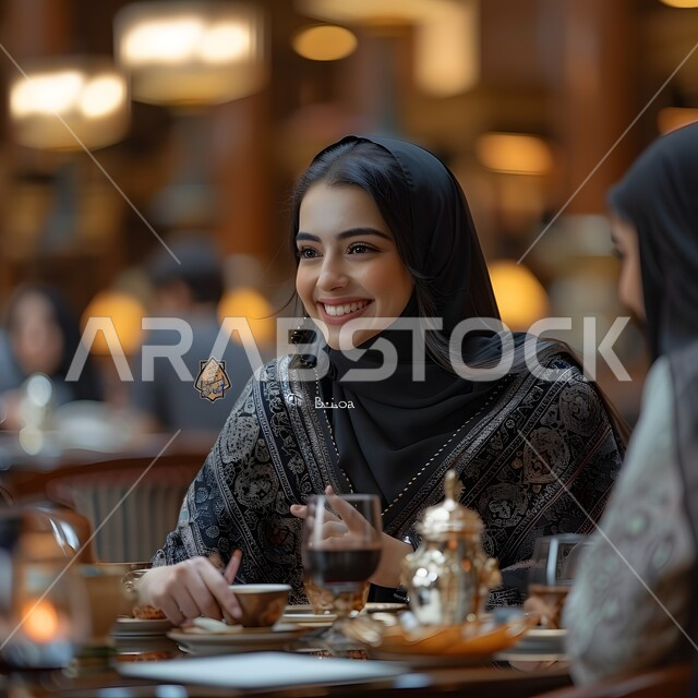 النظر إلى مكان ما بإيماءات الأنوثة والنعومة، الاستمتاع بتناول المشروبات الساخنة، الجلسات الهادئة في إحدى الكافيهات الراقية في المملكة، امرأة عربية خليجية سعودية مبتسمة ترتدي العباءة السوداء تشرب فنجان القهوة