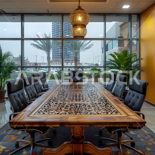  غرف مكتبية بتصاميم وديكورات داخلية فخمة، التصميم العصري الحديث للمكاتب في الشركات السعودية، النوافذ والواجهات الزجاجية، غرفة اجتماعات واسعة مع طاولة محاطة بكراسي
