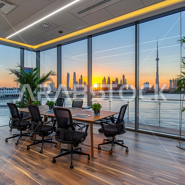  غرف مكتبية بتصاميم وديكورات داخلية فخمة، التصميم العصري الحديث للمكاتب في الشركات السعودية، النوافذ والواجهات الزجاجية، غرفة اجتماعات واسعة مع طاولة محاطة بكراسي