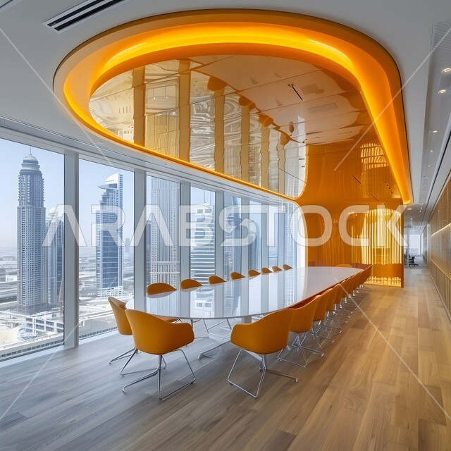  غرف مكتبية بتصاميم وديكورات داخلية فخمة، التصميم العصري الحديث للمكاتب في الشركات السعودية، النوافذ والواجهات الزجاجية، غرفة اجتماعات واسعة مع طاولة محاطة بكراسي