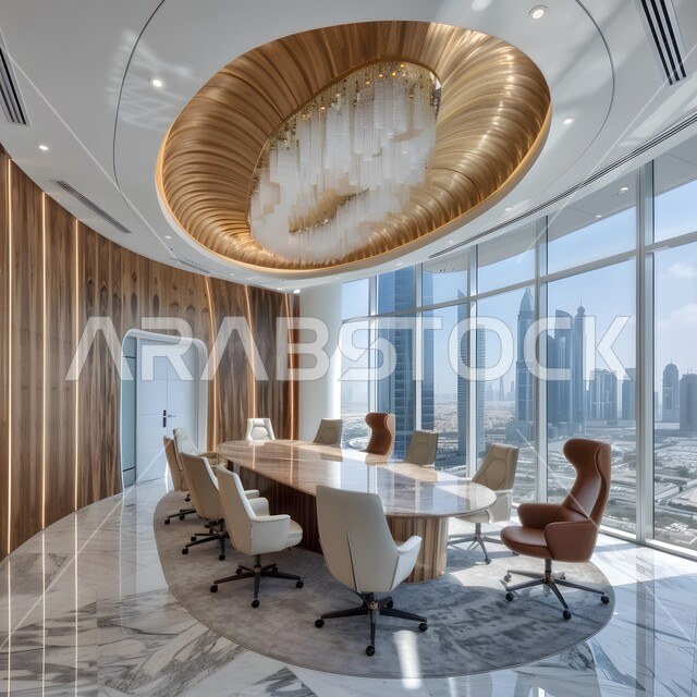  غرف مكتبية بتصاميم وديكورات داخلية فخمة، التصميم العصري الحديث للمكاتب في الشركات السعودية، النوافذ والواجهات الزجاجية، غرفة اجتماعات واسعة مع طاولة محاطة بكراسي