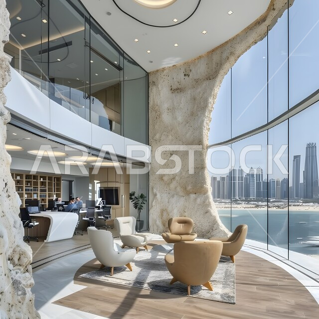  غرف مكتبية بتصاميم وديكورات داخلية فخمة، التصميم العصري الحديث للمكاتب في الشركات السعودية، النوافذ والواجهات الزجاجية، غرفة اجتماعات واسعة مع طاولة محاطة بكراسي