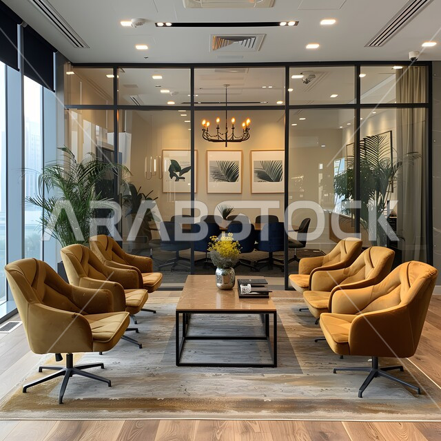  غرف مكتبية بتصاميم وديكورات داخلية فخمة، التصميم العصري الحديث للمكاتب في الشركات السعودية، النوافذ والواجهات الزجاجية، غرفة اجتماعات واسعة مع طاولة محاطة بكراسي