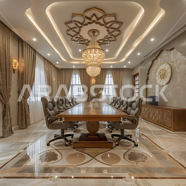  غرف مكتبية بتصاميم وديكورات داخلية فخمة، التصميم العصري الحديث للمكاتب في الشركات السعودية، النوافذ والواجهات الزجاجية، غرفة اجتماعات واسعة مع طاولة محاطة بكراسي