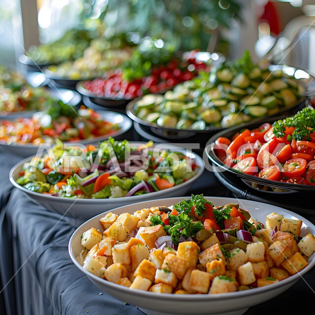 أجواء شهر رمضان المبارك، العزائم والولائم في الأعياد والمناسبات الإسلامية، المقبلات والأطباق والأصناف العربية الشرقية اللذيذة، مائدة طعام مليئة بالوجبات المتنوعة الرمضانية، سفرة من المأكولات الشعبية التقليدية الشهية