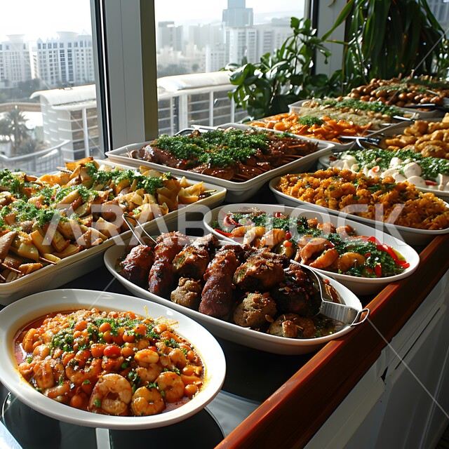 أجواء شهر رمضان المبارك، العزائم والولائم في الأعياد والمناسبات الإسلامية، المقبلات والأطباق والأصناف العربية الشرقية اللذيذة، مائدة طعام مليئة بالوجبات المتنوعة الرمضانية، سفرة من المأكولات الشعبية التقليدية الشهية