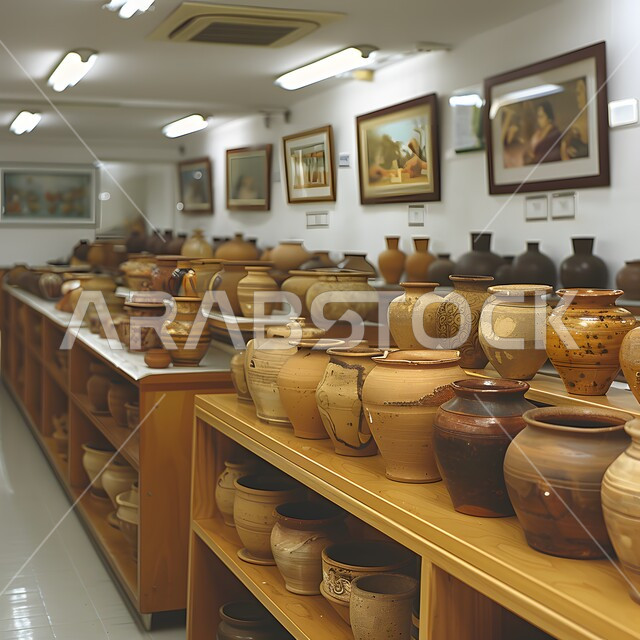 مهن وصناعات يدوية شعبية تراثية قديمة، شراء الهدايا التذكارية والفخارات المزخرفة، متجر لبيع أواني الفخار في سوق شعبي تقليدي في المملكة العربية السعودية، الأواني والمنتجات الفخارية المصنوعة من الطين