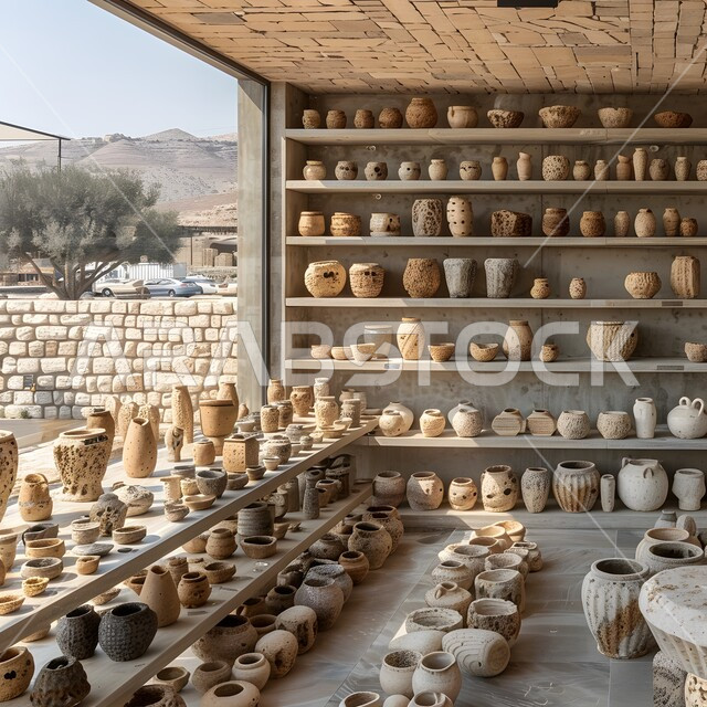 مهن وصناعات يدوية شعبية تراثية قديمة، شراء الهدايا التذكارية والفخارات المزخرفة، متجر لبيع أواني الفخار في سوق شعبي تقليدي في المملكة العربية السعودية، الأواني والمنتجات الفخارية المصنوعة من الطين