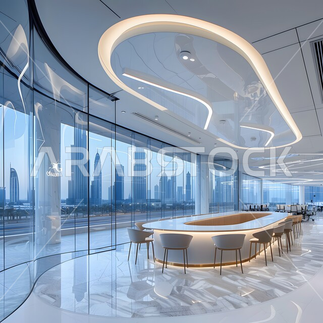  غرف مكتبية بتصاميم وديكورات داخلية فخمة، التصميم العصري الحديث للمكاتب في الشركات السعودية، النوافذ والواجهات الزجاجية، غرفة اجتماعات واسعة مع طاولة محاطة بكراسي