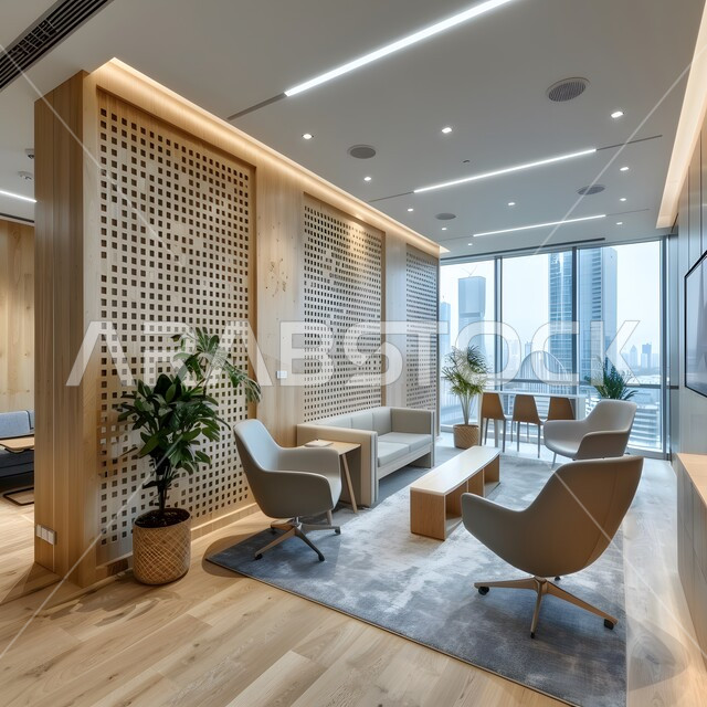  غرف مكتبية بتصاميم وديكورات داخلية فخمة، التصميم العصري الحديث للمكاتب في الشركات السعودية، النوافذ والواجهات الزجاجية، غرفة اجتماعات واسعة مع طاولة محاطة بكراسي