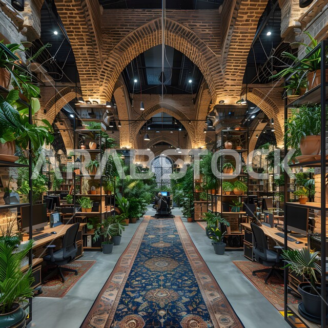 A spacious meeting room with a table surrounded by chairs, office rooms with luxurious interior designs and decorations, the modern design of offices in Saudi companies, windows and glass facades