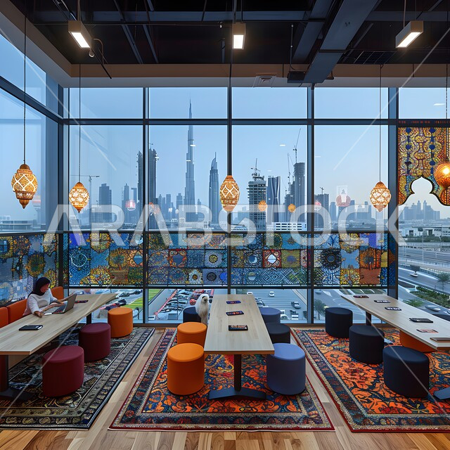 غرفة اجتماعات واسعة مع طاولة محاطة بكراسي، غرف مكتبية بتصاميم وديكورات داخلية فخمة، التصميم العصري الحديث للمكاتب في الشركات السعودية، النوافذ والواجهات الزجاجية