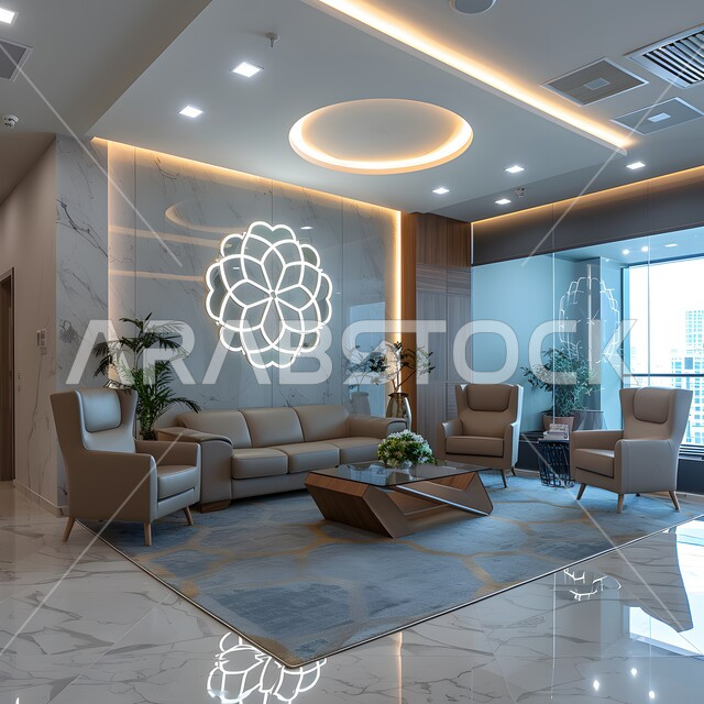 A spacious meeting room with a table surrounded by chairs, office rooms with luxurious interior designs and decorations, the modern design of offices in Saudi companies, windows and glass facades