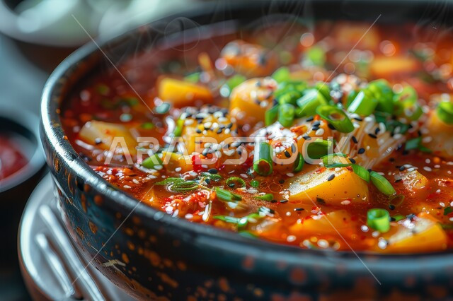 طبق من حساء الخضار مع صلصة الطماطم المزين بالأعشاب الخضراء, أكلات وأطباق شعبية تقليدية، المقبلات الساخنة الشهية، المأكولات والوجبات الشرقية، وصفات الطعام الآسييوية, مطابخ ومطاعم المملكة العربية السعودية