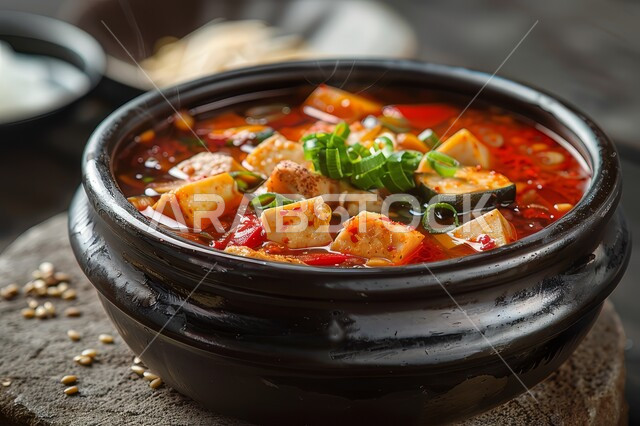 طبق من حساء الخضار مع صلصة الطماطم المزين بالأعشاب الخضراء, أكلات وأطباق شعبية تقليدية، المقبلات الساخنة الشهية، المأكولات والوجبات الشرقية، وصفات الطعام الآسييوية, مطابخ ومطاعم المملكة العربية السعودية