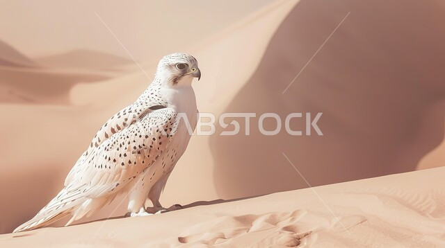 الفخر والاعتزاز بالتراث السعودي العريق في تربية الطيور الجارحة والمفترسة, إقامة نادي الصقور في موسم الصيد السنوي في المملكة العربية السعودية, طائر الصقر الأبيض يقف في إحدى المحميات الطبيعية الصحراوية