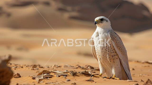 الفخر والاعتزاز بالتراث السعودي العريق في تربية الطيور الجارحة والمفترسة, إقامة نادي الصقور في موسم الصيد السنوي في المملكة العربية السعودية, طائر الصقر الأبيض يقف في إحدى المحميات الطبيعية الصحراوية