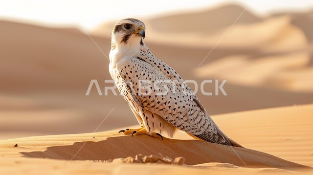 الفخر والاعتزاز بالتراث السعودي العريق في تربية الطيور الجارحة والمفترسة, إقامة نادي الصقور في موسم الصيد السنوي في المملكة العربية السعودية, طائر الصقر الأبيض يقف في إحدى المحميات الطبيعية الصحراوية