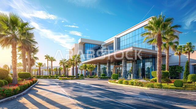 Palm trees on the edges of the street, the growth and urban progress of hospital buildings in the Kingdom of Saudi Arabia, advanced centers for providing health care, modern architectural art, huge glass facades