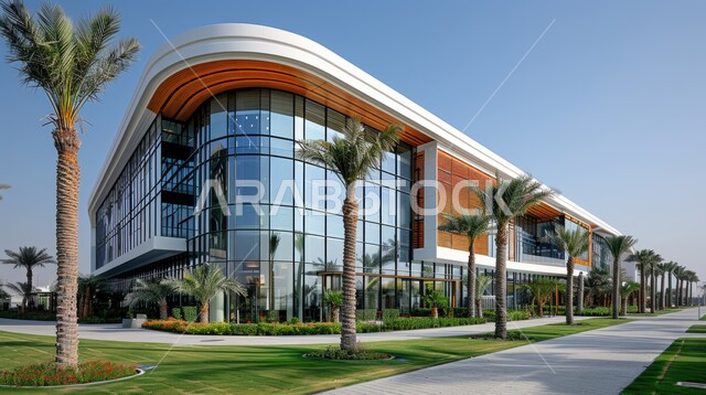 النمو والتقدم العمراني لمباني المشافي في المملكة العربية السعودية، مراكز متطورة لتقديم الرعاية الصحية، الفن الهندسي المعماري على الطراز الحديث، الواجهات الزجاجية الضخمة، أشجار النخيل على اطراف الطريق
