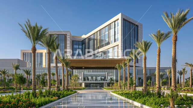 النمو والتقدم العمراني لمباني المشافي في المملكة العربية السعودية، مراكز متطورة لتقديم الرعاية الصحية، الفن الهندسي المعماري على الطراز الحديث، الواجهات الزجاجية الضخمة، أشجار النخيل على اطراف الطريق