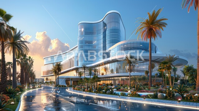 النمو والتقدم العمراني لمباني المشافي في المملكة العربية السعودية، مراكز متطورة لتقديم الرعاية الصحية، الفن الهندسي المعماري على الطراز الحديث، الواجهات الزجاجية الضخمة، أشجار النخيل على اطراف الطريق