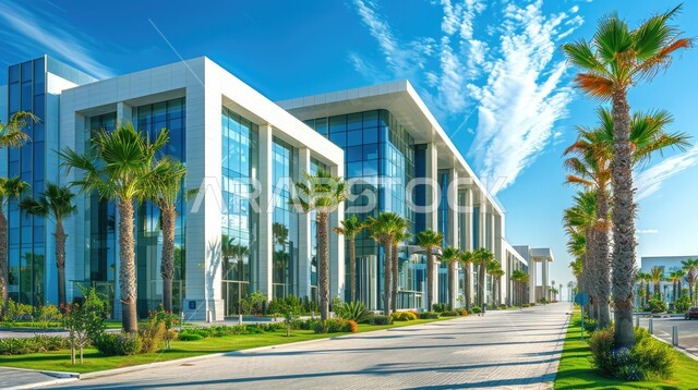 النمو والتقدم العمراني لمباني المشافي في المملكة العربية السعودية، مراكز متطورة لتقديم الرعاية الصحية، الفن الهندسي المعماري على الطراز الحديث، أشجار النخيل على اطراف الطريق، الواجهات الزجاجية الضخمة