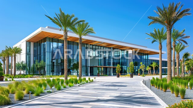 النمو والتقدم العمراني لمباني المشافي في المملكة العربية السعودية، مراكز متطورة لتقديم الرعاية الصحية، الفن الهندسي المعماري على الطراز الحديث، الواجهات الزجاجية الضخمة، أشجار النخيل على حواف الطريق
