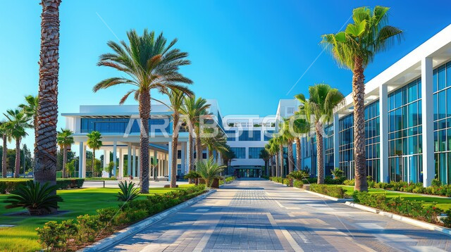 مراكز متطورة لتقديم الرعاية الصحية، النمو والتقدم العمراني لمباني المشافي في المملكة العربية السعودية، الفن الهندسي المعماري على الطراز الحديث، الواجهات الزجاجية الضخمة، أشجار النخيل على حواف الطريق