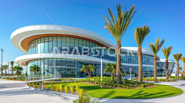 مراكز متطورة لتقديم الرعاية الصحية، الفن الهندسي المعماري على الطراز الحديث، الواجهات الزجاجية الضخمة، أشجار النخيل على حواف الطريق، النمو والتقدم العمراني لمباني المشافي في المملكة العربية السعودية