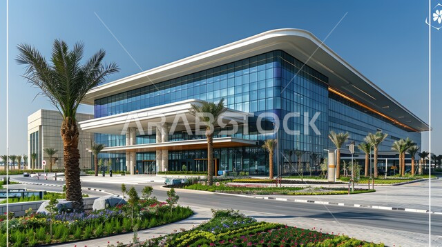 أشجار النخيل على حواف الطريق، النمو والتقدم العمراني لمباني المشافي في المملكة العربية السعودية، مراكز متطورة لتقديم الرعاية الصحية، الفن الهندسي المعماري على الطراز الحديث، الواجهات الزجاجية الضخمة