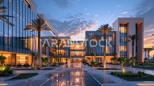 النمو والتقدم العمراني لمباني المشافي في المملكة العربية السعودية، مراكز متطورة لتقديم الرعاية الصحية، الفن الهندسي المعماري على الطراز الحديث، الواجهات الزجاجية الضخمة عند غروب الشمس،  أشجار النخيل على حواف الطريق