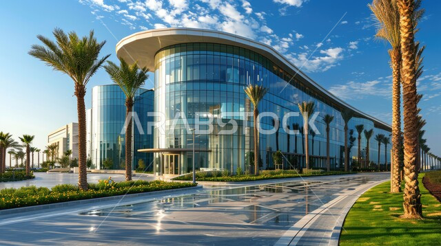 التقدم والنمو العمراني لمباني المشافي في المملكة العربية السعودية، مراكز متطورة لتقديم الرعاية الصحية، الفن الهندسي المعماري على الطراز الحديث، الواجهات الزجاجية الضخمة، أشجار النخيل على حواف الطريق