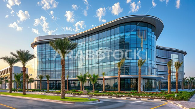 Modern architectural art, interest in planting palm trees and green plants around hospitals, advanced centers for providing health care, huge glass facades, growth and urban progress of hospital buildings in the Kingdom of Saudi Arabia.