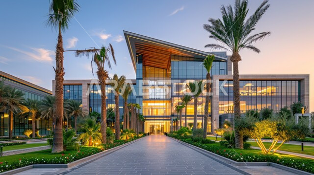 الواجهات الزجاجية الضخمة وقت غروب الشمس،  مراكز متطورة لتقديم الرعاية الصحية ، النمو والتقدم العمراني لمباني المشافي في المملكة العربية السعودية، الفن الهندسي المعماري على الطراز الحديث،  الاهتمام بزراعة أشجار النخيل والنباتات الخضراء حول المستشفيات