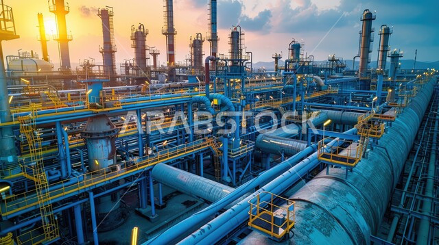 Huge and large warehouses, petrochemical industries and projects, industrial engineering and equipment, pipelines and steel cables, a large oil refinery equipped with complex machinery in a vast desert landscape and distant mountains, factories and laboratories in the Kingdom of Saudi Arabia, an oil and gas refining plant in the industrial zone.