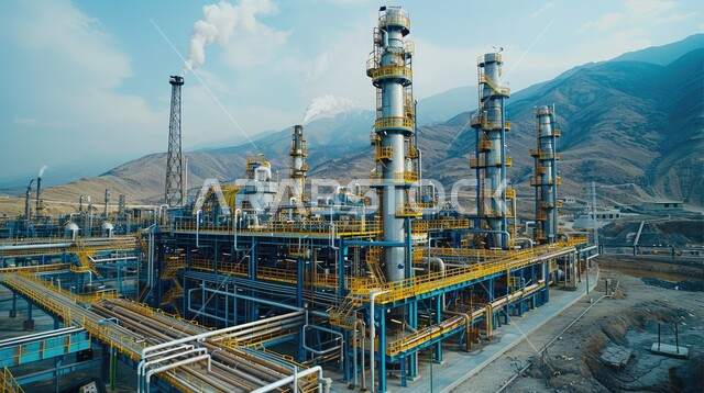 مصفاة نفط كبيرة مزوّدة بآلات معقدة في منظر صحراوي شاسع وجبال بعيدة، مصانع ومعامل في المملكة العربية السعودية، مستودعات ضخمة و كبيرة، هندسات ومعدات صناعية، مصنع تكرير النفط والغاز في المنطقة الصناعية، خطوط الأنابيب والكابلات الفولاذية،  صناعات ومشاريع بيتروكيماوية، 