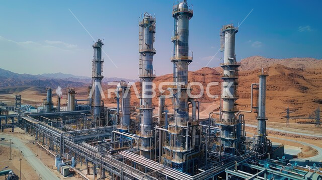  صناعات ومشاريع بيتروكيماوية، مصفاة نفط كبيرة مزوّدة بآلات معقدة في منظر صحراوي شاسع وجبال بعيدة، مصانع ومعامل في المملكة العربية السعودية، مستودعات ضخمة و كبيرة، مصنع تكرير النفط والغاز في المنطقة الصناعية، هندسات ومعدات صناعية، خطوط الأنابيب والكابلات الفولاذية