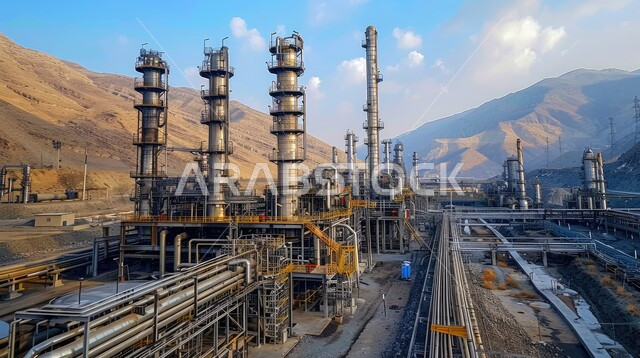  صناعات ومشاريع بيتروكيماوية، مصفاة نفط كبيرة مزوّدة بآلات معقدة في منظر صحراوي شاسع وجبال بعيدة، خطوط الأنابيب والكابلات الفولاذية، مستودعات ضخمة و كبيرة، هندسات ومعدات صناعية، مصانع ومعامل في المملكة العربية السعودية، مصنع تكرير النفط والغاز في المنطقة الصناعية